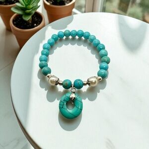 New Real Turquoise Handmade Beaded Bracelet w/Donut Charm